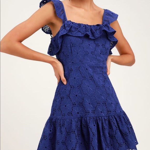 NWOT Lulus Cobalt Blue Eyelet Mini Dress - Picture 2 of 8